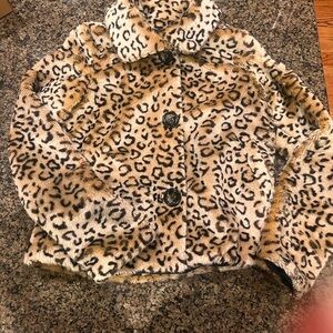 Black Poppy Leopard Print Faux Fur Bomber Jacket